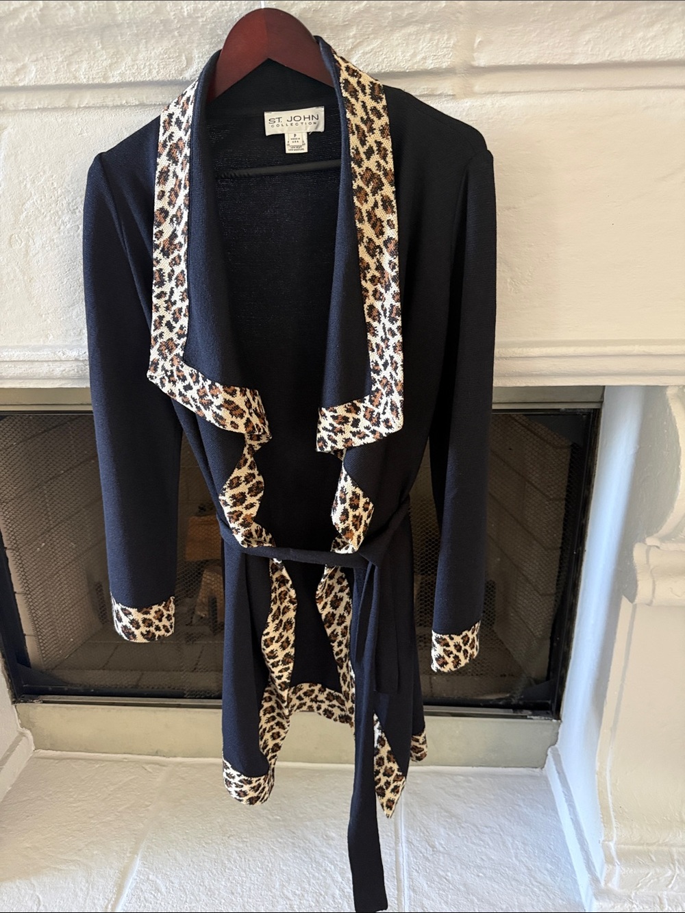 St. John Black Knit Cardigan with Leopard-Trim Collar and Cuffs